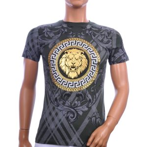 LES DESIGNERS heren T-shirt leeuwenkop khaki met goudkleurige borstprint, grijze ornamenten en ronde hals.