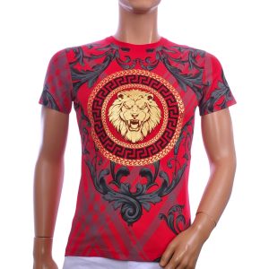 LES DESIGNERS rood heren T-shirt met leeuwenkop in goudkleur, donkere sierprint en korte mouwen.