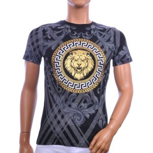 LES DESIGNERS zwart heren T-shirt met grote goudkleurige leeuwenkop, grijze patronen en slim fit uitstraling.