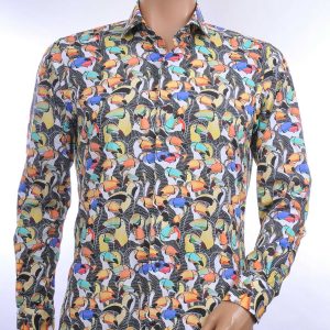 BERZO trendy allover papegaaien dessin modern fit heren overhemd Zwart