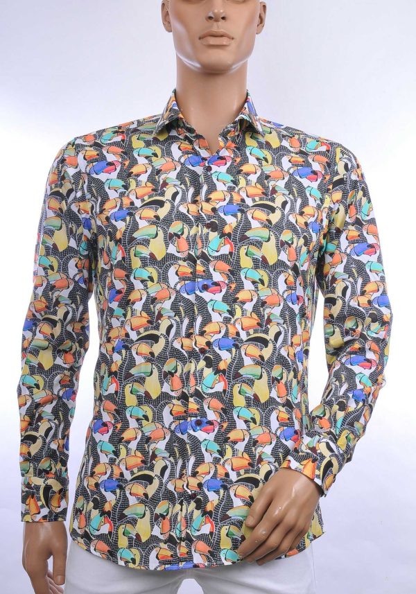 BERZO trendy allover papegaaien dessin modern fit heren overhemd Zwart