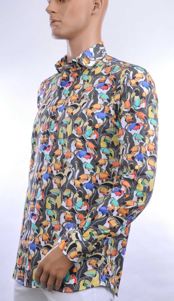BERZO trendy allover papegaaien dessin modern fit heren overhemd Zwart
