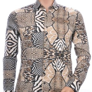 BERZO Italiaanse getailleerd slim fit allover tijgerprint motieven heren overhemd Beige