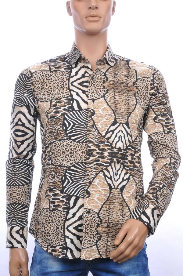 BERZO Italiaanse getailleerd slim fit allover tijgerprint motieven heren overhemd Beige