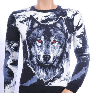 CI-BORG trendy allover Wolf dessin ronde hals dunne heren trui Navy