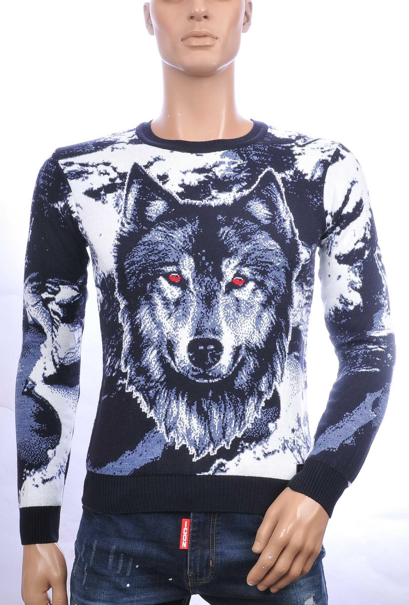 CI BORG trendy allover Wolf dessin ronde hals dunne heren trui Navy