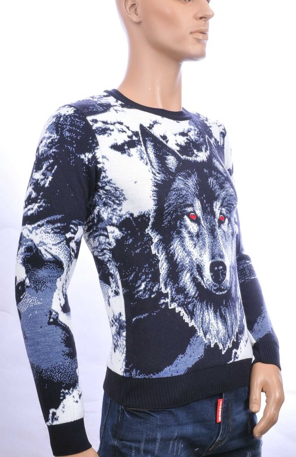 CI-BORG trendy allover Wolf dessin ronde hals dunne heren trui Navy