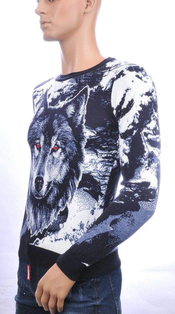 CI-BORG trendy allover Wolf dessin ronde hals dunne heren trui Navy