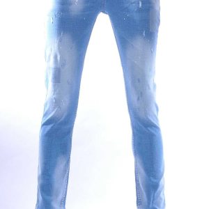 ICON2 hippie gescheurde slim fit stretch heren jeans met verfspatten Lichtblauw
