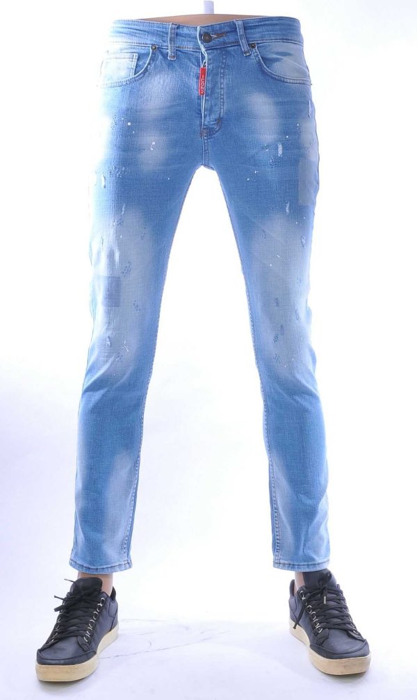 ICON2 hippie gescheurde slim fit stretch heren jeans met verfspatten Lichtblauw