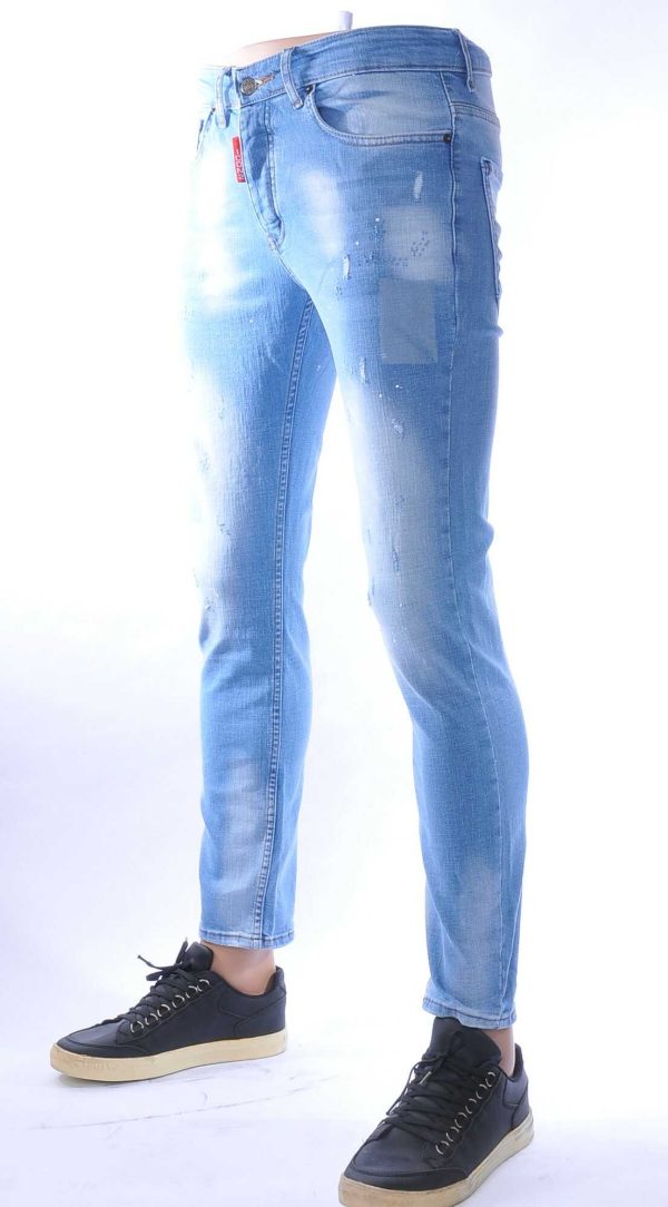 ICON2 hippie gescheurde slim fit stretch heren jeans met verfspatten Lichtblauw