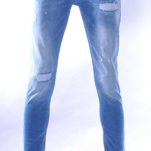 MONTFLEURI hippie gescheurde slim fit stretch heren jeans met verfspatten Lichtblauw