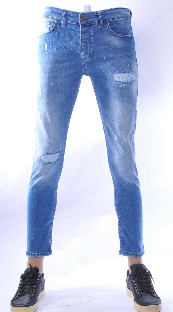 MONTFLEURI hippie gescheurde slim fit stretch heren jeans met verfspatten Lichtblauw