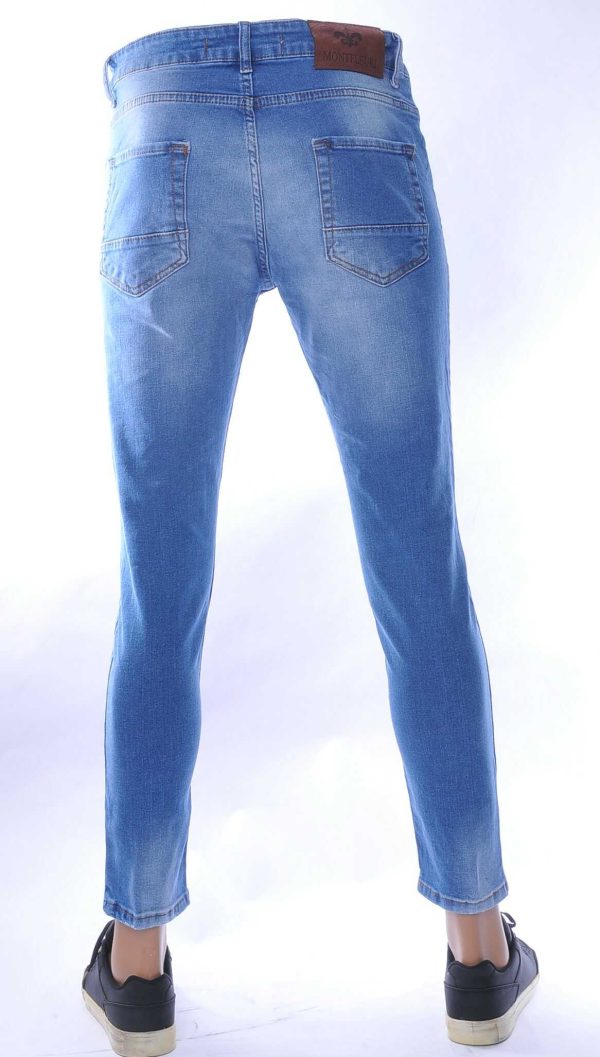 MONTFLEURI hippie gescheurde slim fit stretch heren jeans met verfspatten Lichtblauw