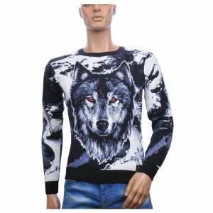 CI-BORG Trendy Slim Fit Ronde Hals Dunne Heren Trui met Allover Wolf Dessin - Navy