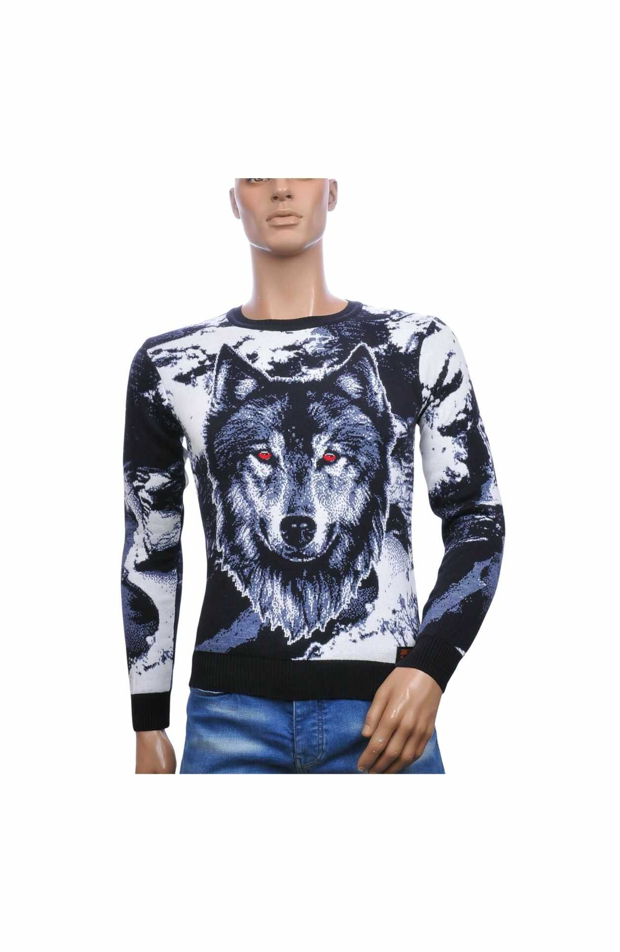 CI-BORG Trendy Slim Fit Ronde Hals Dunne Heren Trui met Allover Wolf Dessin - Navy