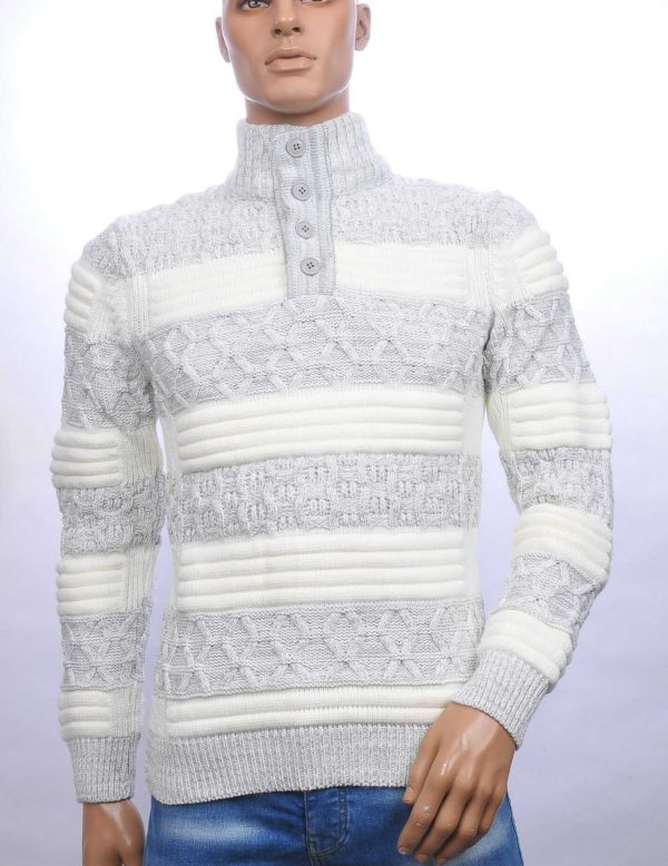 CI-BORG turtle kraag grof gebreide heren wintertrui met knoopsluiting Wit