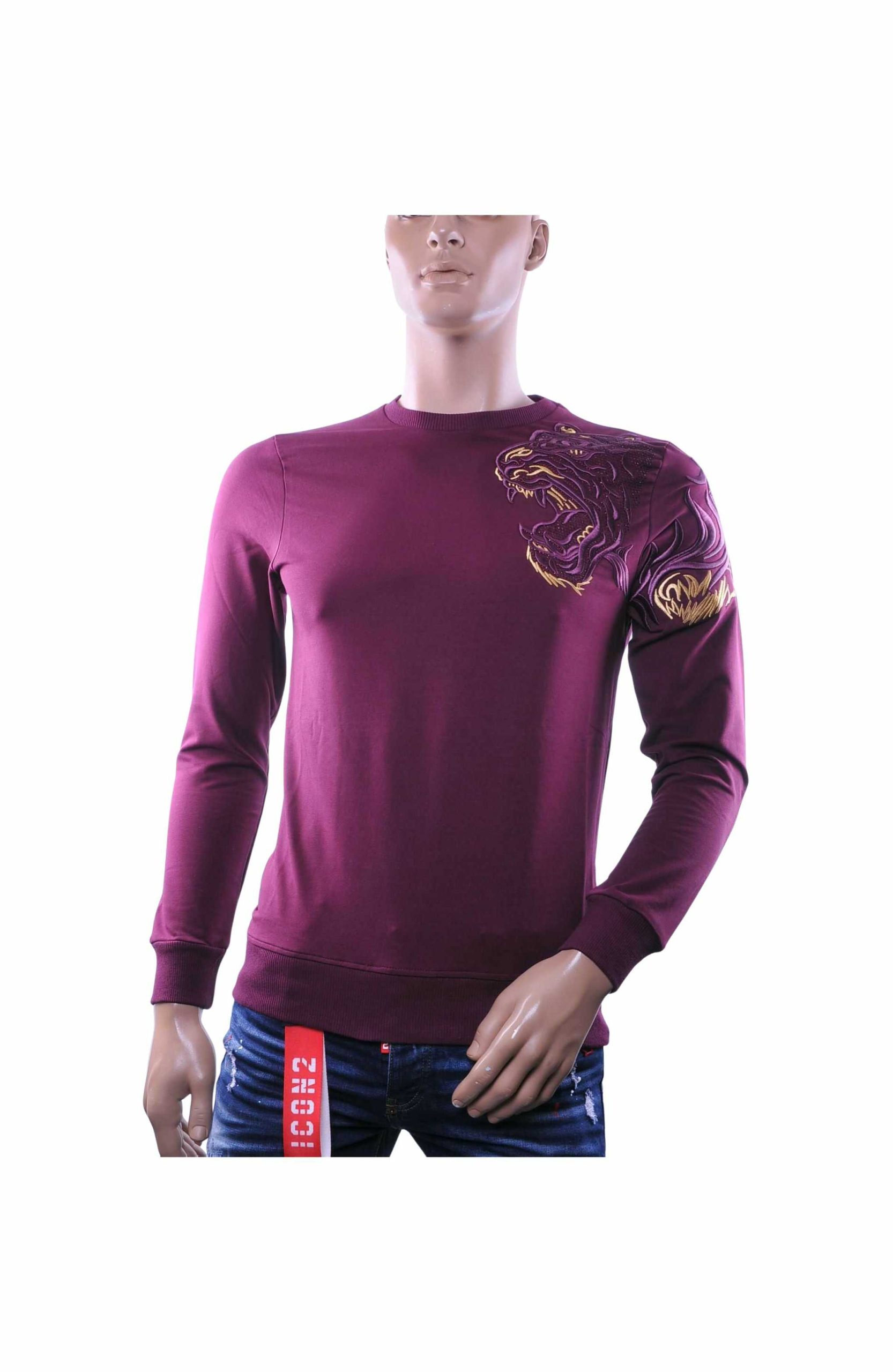 CI-BORG Luxe Ronde Hals Heren Sweatshirt met Geborduurde Tijger – Bordeaux