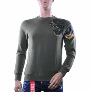 CI-BORG Luxe Ronde Hals Heren Sweatshirt met Geborduurde Tijger – Khaki