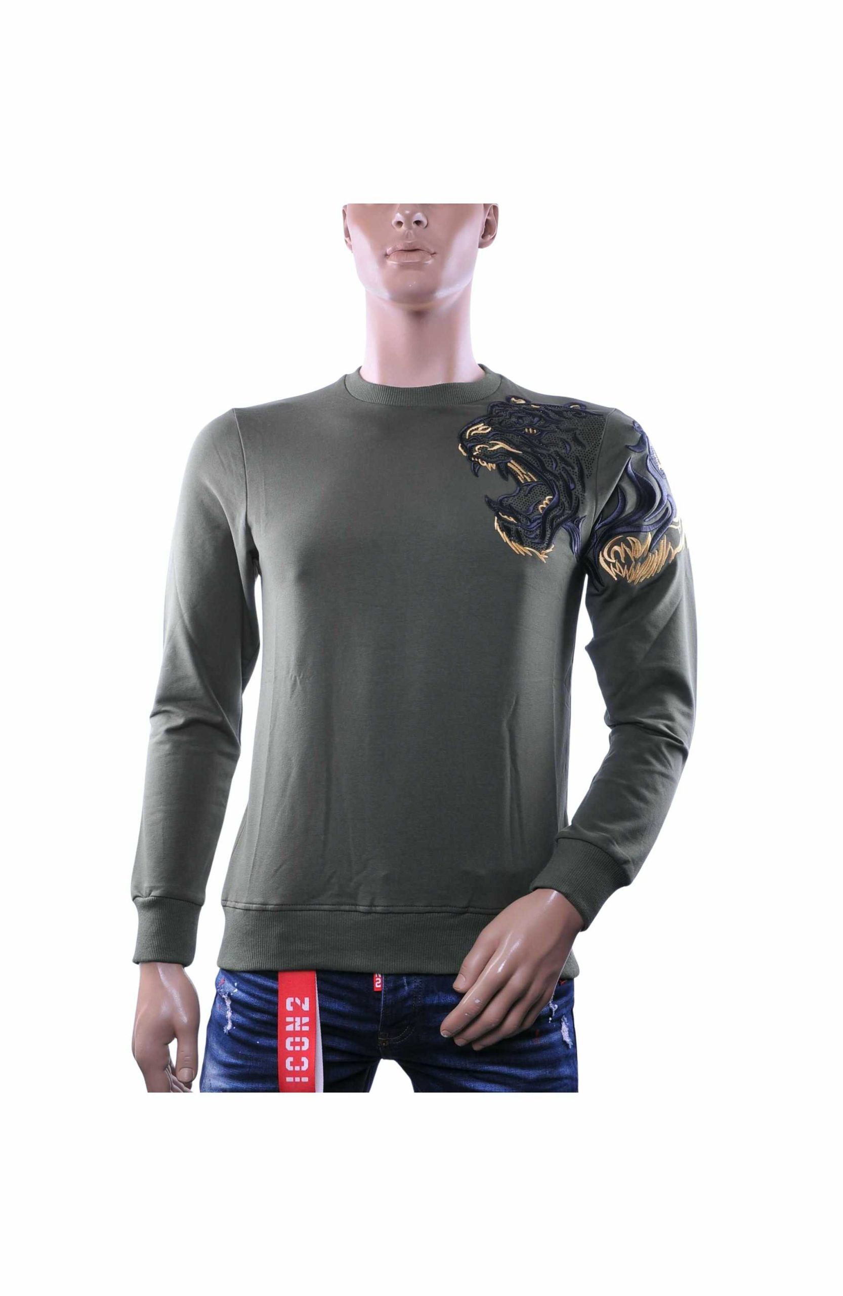 CI-BORG Luxe Ronde Hals Heren Sweatshirt met Geborduurde Tijger – Khaki