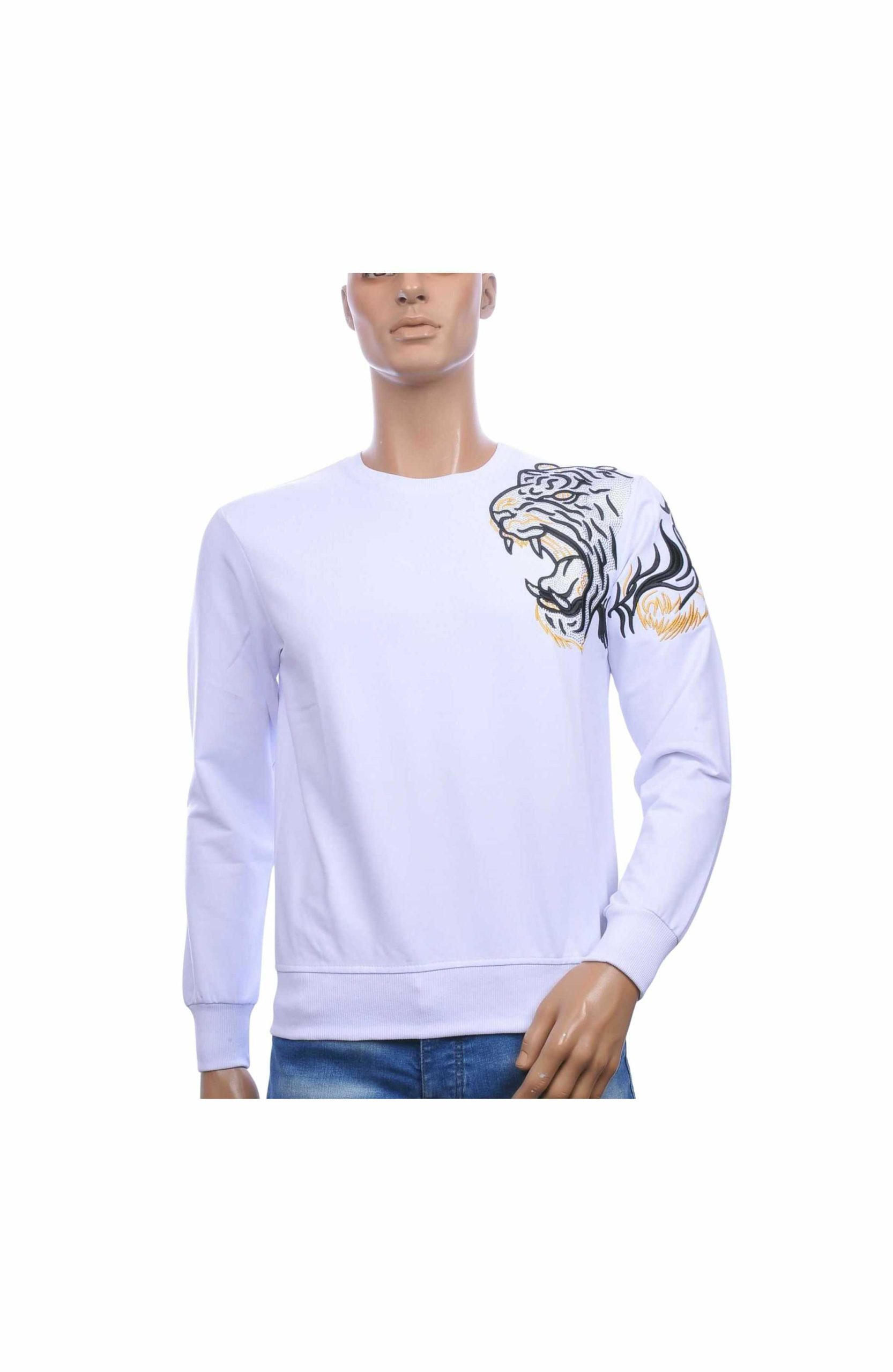 CI-BORG Luxe Ronde Hals Heren Sweatshirt met Geborduurde Tijger – Wit