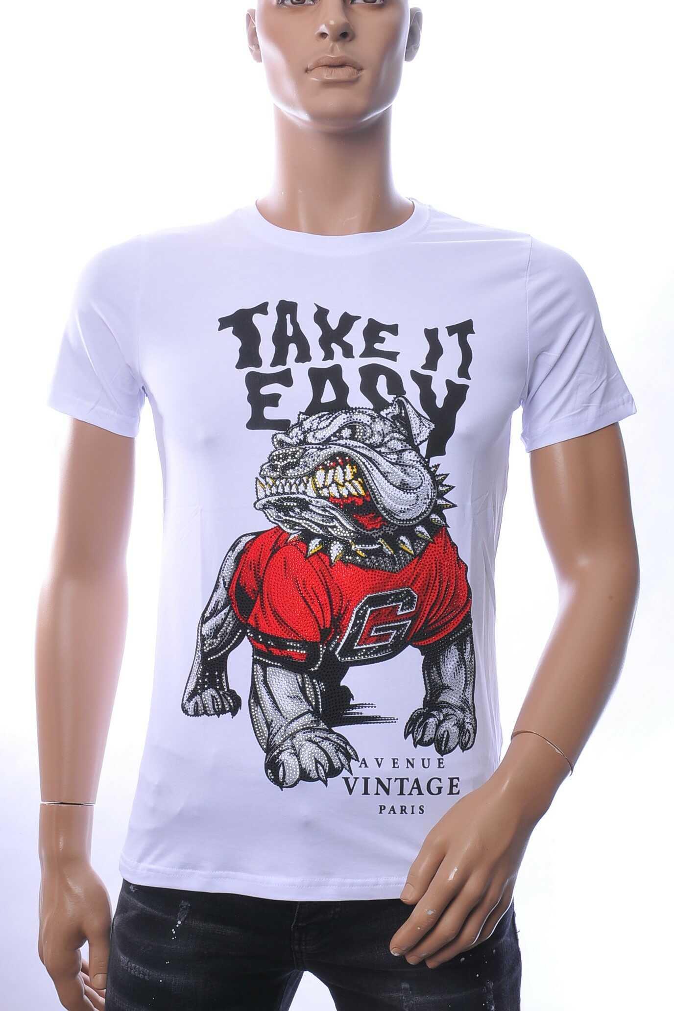 NEW DREAM trendy boze bulldog print ronde hals T-shirt met steentjes Wit