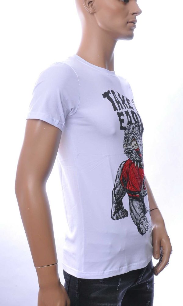 NEW DREAM trendy boze bulldog print ronde hals T-shirt met steentjes Wit