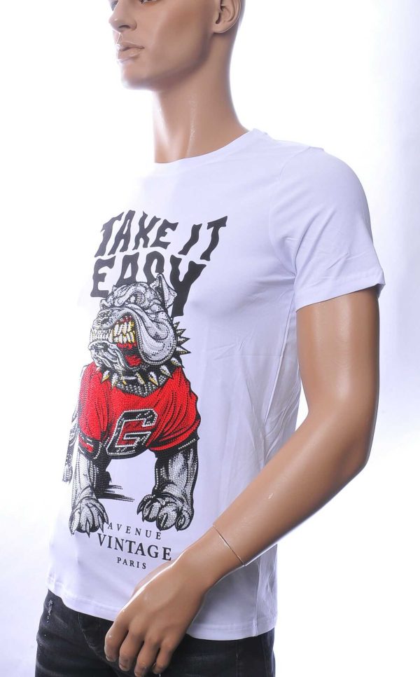 NEW DREAM trendy boze bulldog print ronde hals T-shirt met steentjes Wit
