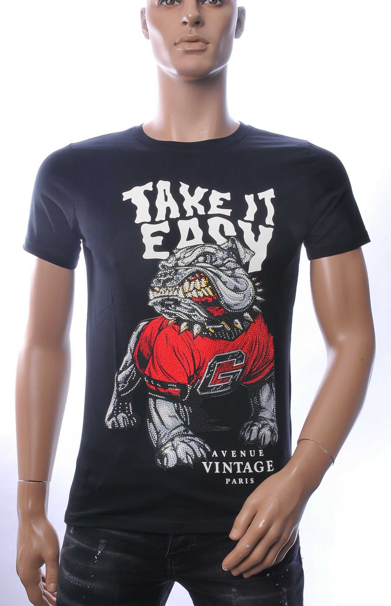 NEW DREAM trendy boze bulldog print ronde hals T-shirt met steentjes Zwart