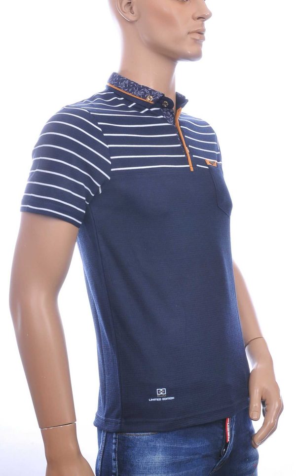 CLUB JU Trendy Gestreept Heren Polo T-Shirt met Sier Borstzak – Navy