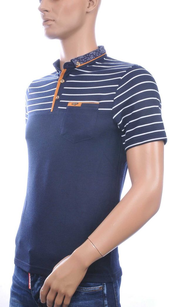 CLUB JU Trendy Gestreept Heren Polo T-Shirt met Sier Borstzak – Navy
