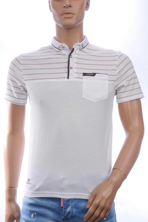 CLUB JU Trendy Gestreept Heren Polo T-Shirt met Sier Borstzak – Beige