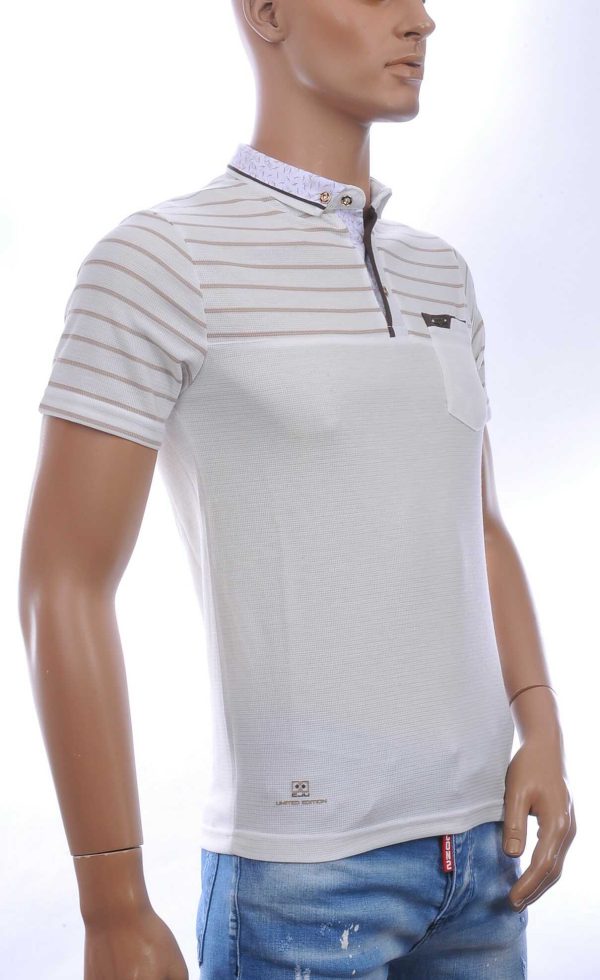 CLUB JU Trendy Gestreept Heren Polo T-Shirt met Sier Borstzak – Beige