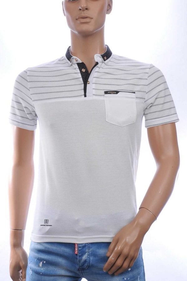 CLUB JU Trendy Gestreept Heren Polo T-Shirt met Sier Borstzak – Grijs
