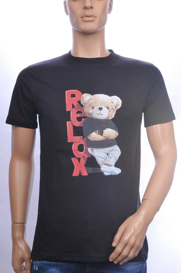 CONTOUR Trendy Relax Teddy Bear Ronde Hals T-shirt – Zwart