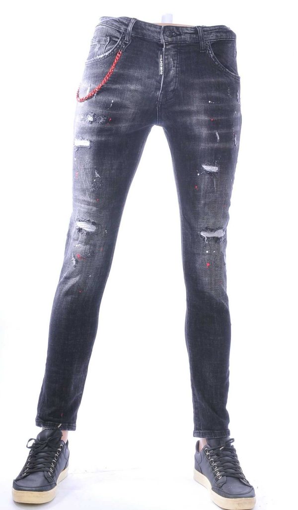 ICON2, Dsquared2, Hippe, Gescheurde, Slim-Fit, Stretch, Heren Jeans, met Verfspatten, Zwart