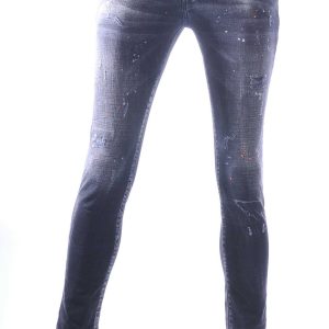 ICON2, Dsquared2, Hippe, Gescheurde, Slim-Fit, Stretch, Heren Jeans, met Verfspatten, Zwart