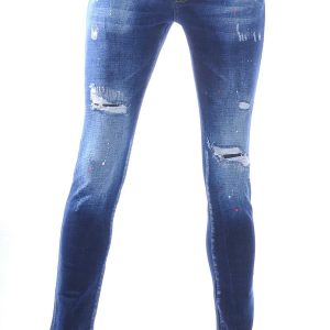 ICON2, dsquared2, Hippe, Gescheurde,Slim-Fit, Stretch, Heren Jeans, met Verfspatten, Donkerblauw