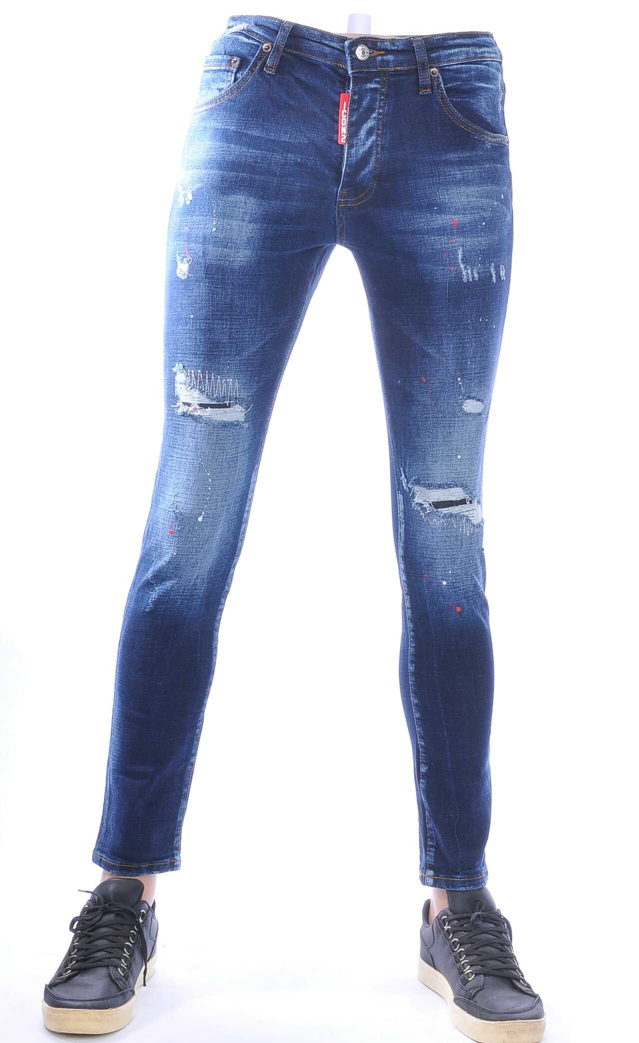 ICON2, dsquared2, Hippe, Gescheurde,Slim-Fit, Stretch, Heren Jeans, met Verfspatten, Donkerblauw