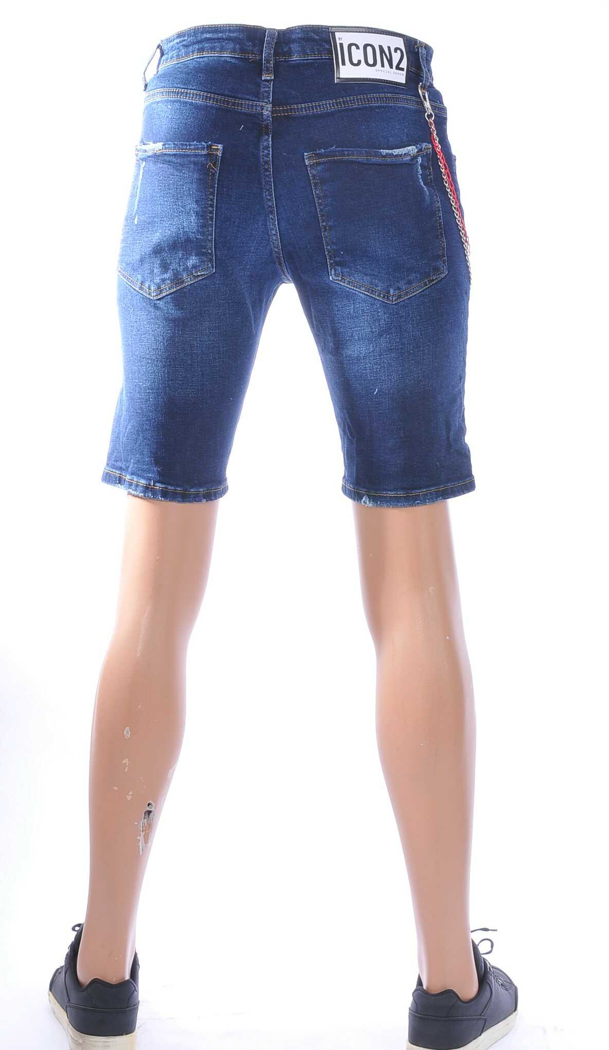 ICON2, Dsquared2, Hippe, Gescheurde, Slim Fit, Heren Korte Spijkerbroek, met Verfvlekjes, Donkerblauw