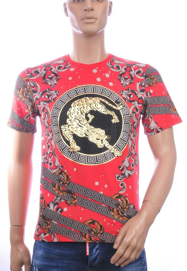 Trendy Heren T-Shirt met Panterprint met Steentjes – Rood