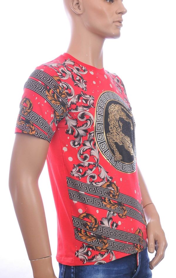Trendy Heren T-Shirt met Panterprint met Steentjes – Rood
