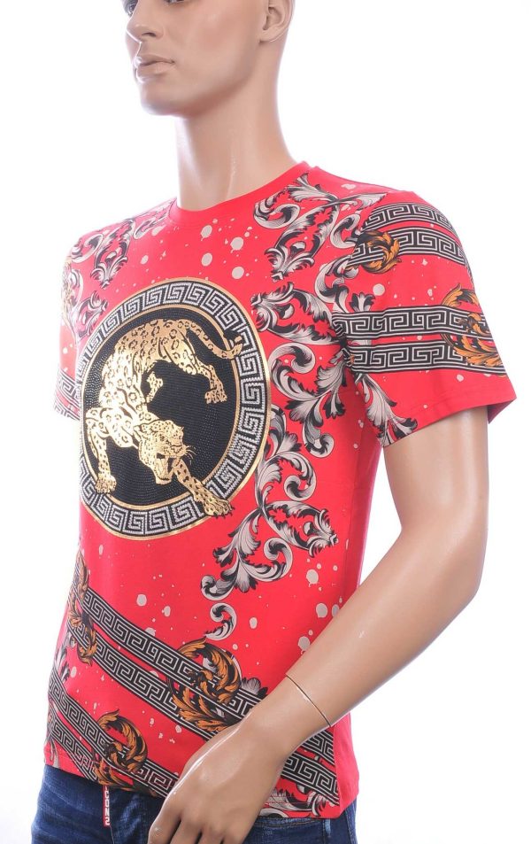 Trendy Heren T-Shirt met Panterprint met Steentjes – Rood