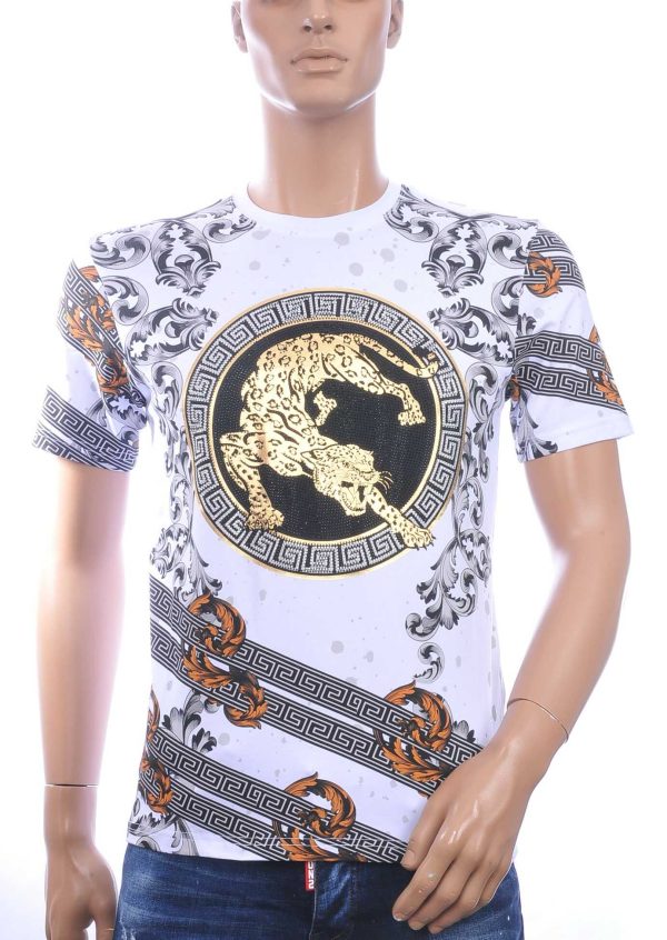 LES DESIGNERS Trendy Heren T-Shirt met Panterprint met Steentjes – Wit