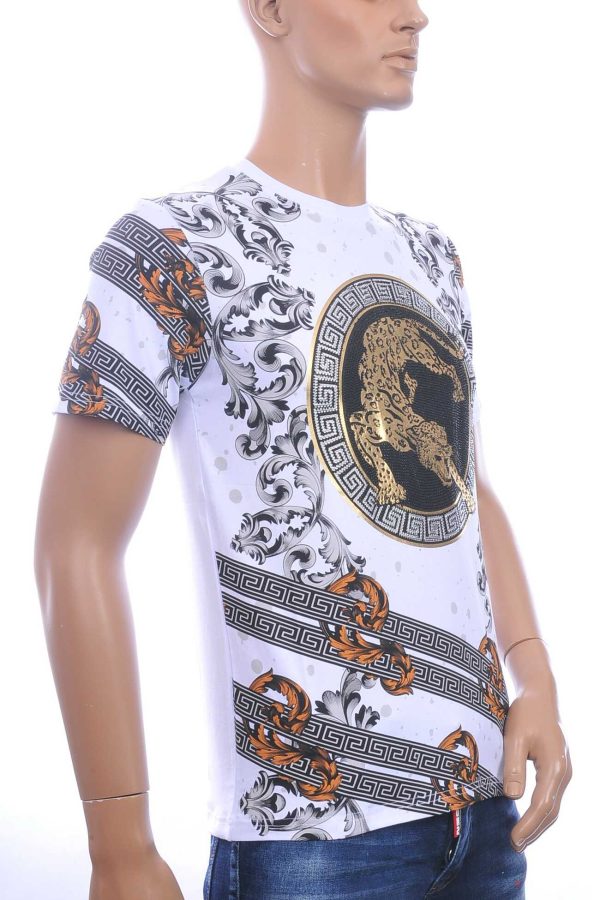 LES DESIGNERS Trendy Heren T-Shirt met Panterprint met Steentjes – Wit