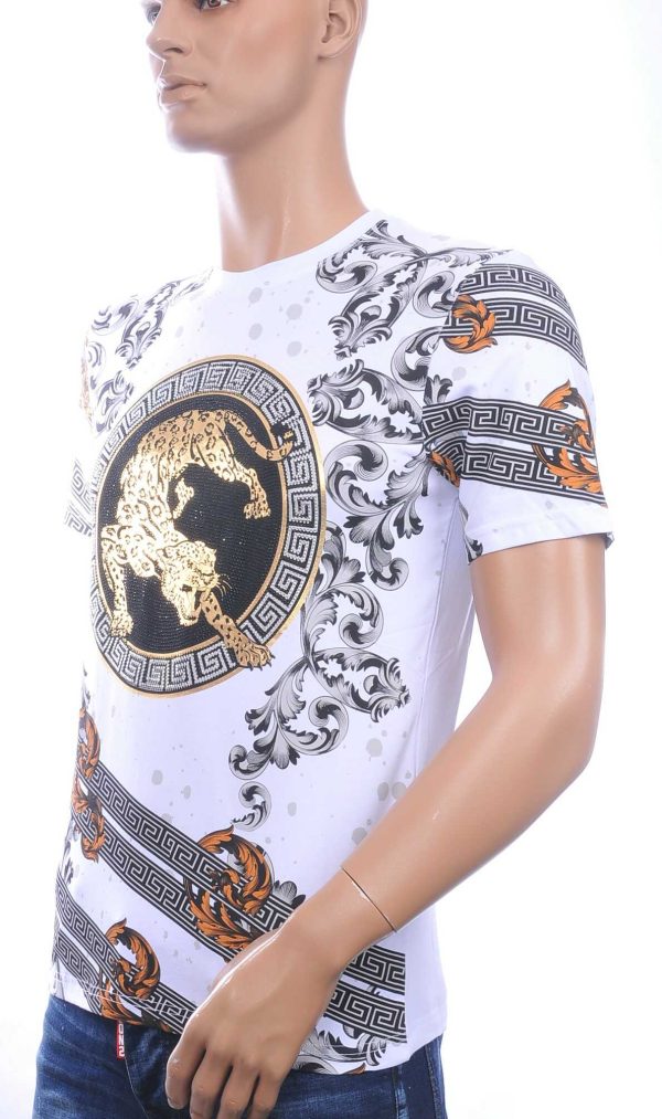 LES DESIGNERS Trendy Heren T-Shirt met Panterprint met Steentjes – Wit