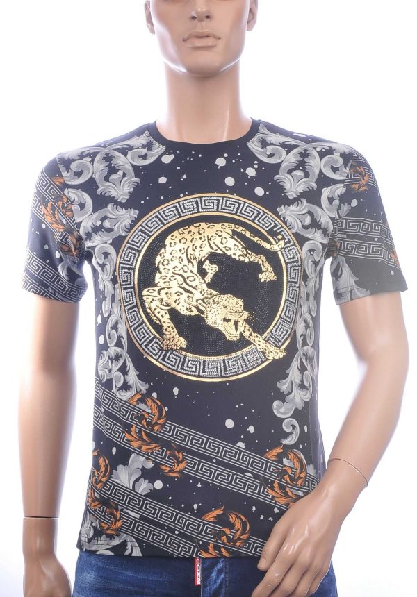 LES DESIGNERS Trendy Heren T-Shirt met Panterprint met Steentjes – Zwart