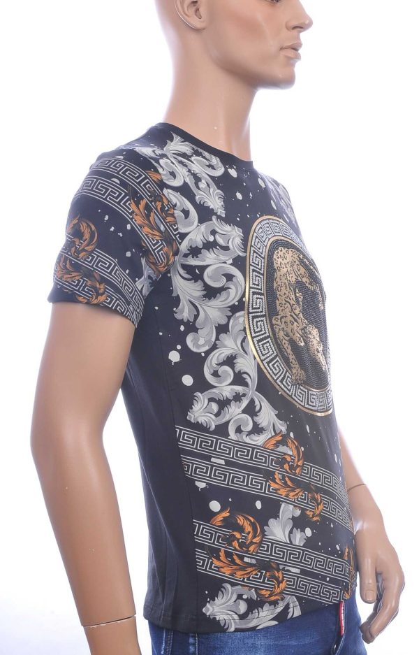 LES DESIGNERS Trendy Heren T-Shirt met Panterprint met Steentjes – Zwart