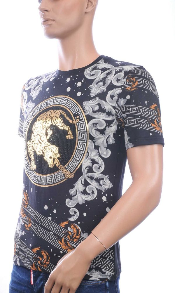 LES DESIGNERS Trendy Heren T-Shirt met Panterprint met Steentjes – Zwart