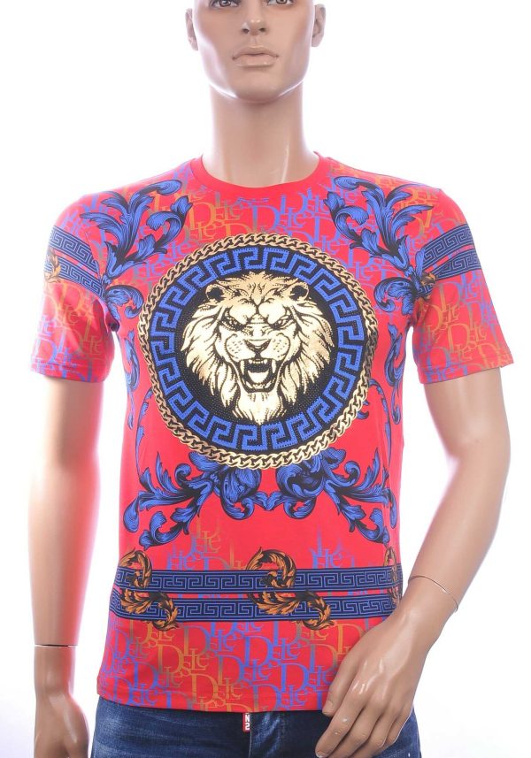 LES DESIGNERS Ronde Hals T-Shirt met Leeuwenkop met Steentjes – Rood